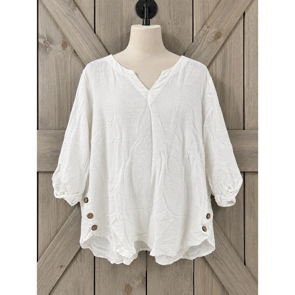 Susan Graver PURE Linen Blend Tunic White 3/4 Roll Tab Sleeve Side Button Large